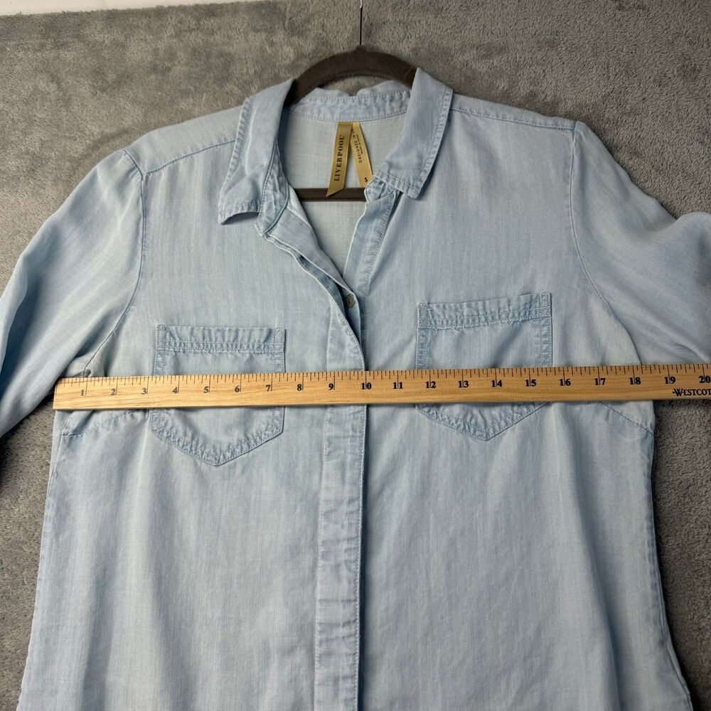 Liverpool Shirt Women's Small Blue Light Wash Chambray Denim Tunic Roll Tab Top - Picture 7 of 13